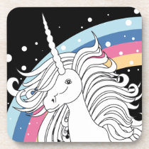 Unicorn surrounded by rainbow and dots black cork coasters