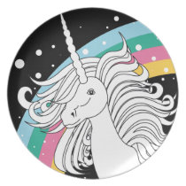 Unicorn surrounded by rainbow and dots black plates