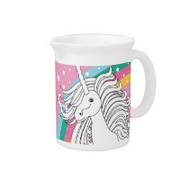 Unicorn surrounded by rainbow and dots pink pitchers