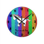 Unicorn with rainbow glitter stripes round wallclocks