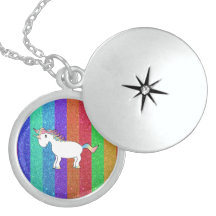 Unicorn with rainbow glitter stripes locket
