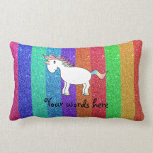 Unicorn with rainbow glitter stripes throw pillow