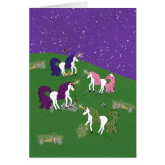 Unicorns in Field Under Purple Sky Cartoon Art Card