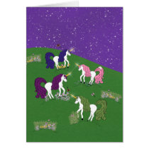 Unicorns in Field Under Purple Sky Cartoon Art Card