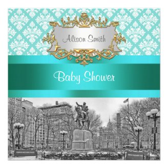 Union Square NYC Aqua White Damask 443 Baby Shower Personalized Invitation