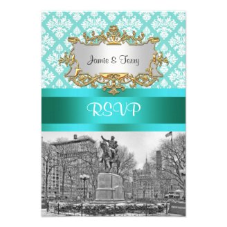 Union Square NYC Aqua White Damask 443 RSVP 2 Custom Invitations