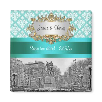 Union Square NYC Aqua White Damask 443 Save Date Fridge Magnets