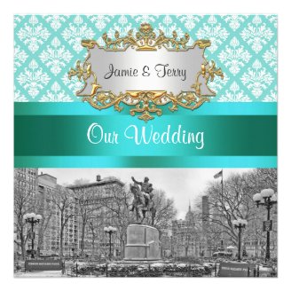 Union Square NYC Aqua White Damask 443 Wedding Invitation