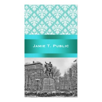 Union Square NYC Aqua White Teal Ribbon Damask 222 Business Cards