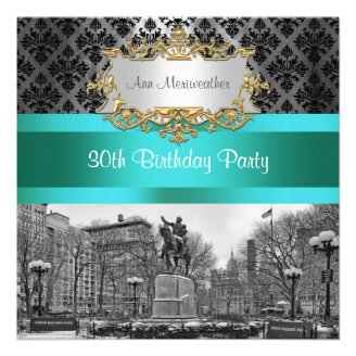 Union Square NYC Black Damask 212 Birthday Party Announcement