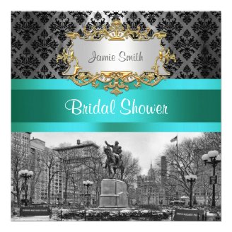 Union Square NYC Black Damask 212 Bridal Shower Personalized Announcements
