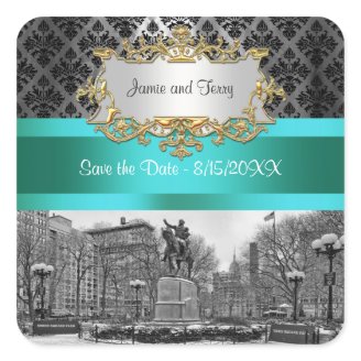 Union Square NYC Black Damask 212 Save the Date Sticker
