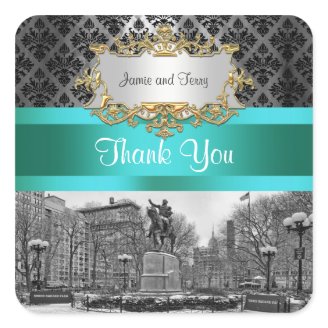 Union Square NYC Black Damask 212 Thank You Square Stickers
