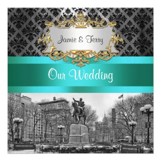 Union Square NYC Black Silver Damask 212 Wedding Announcements