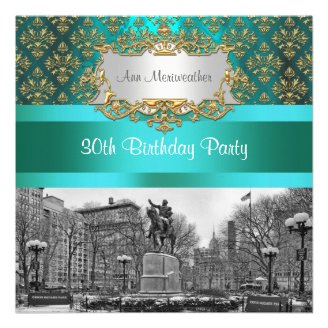 Union Square NYC Gold Teal Damask 222 Birthday Personalized Invite