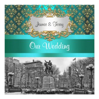 Union Square NYC Gold Teal Damask 222 Wedding Personalized Announcement