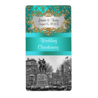 Union Square NYC Gold Teal Damask 222 Wine Label