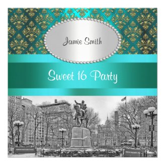 Union Square NYC Gold Teal Damask 222P Sweet 16 Invites