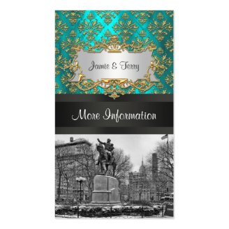 Union Square NYC Gold Teal Damask 223 Event Info Business Card Template