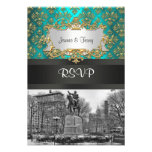 Union Square NYC Gold Teal Damask 223 RSVP 2 Custom Announcement