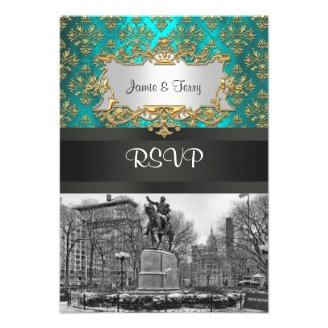 Union Square NYC Gold Teal Damask 223 RSVP 2 Custom Announcement