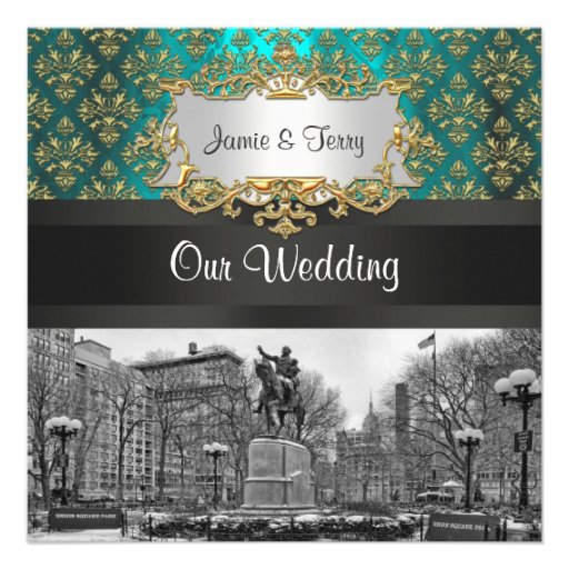 Union Square NYC Gold Teal Damask 223 Wedding Invitation