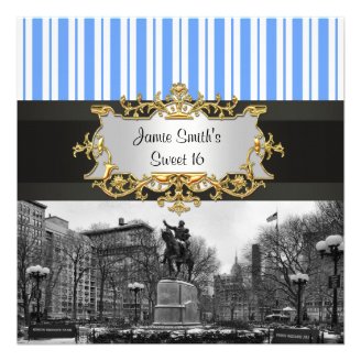 Union Square NYC in Winter BW 01G Sweet 16 Party Personalized Announcement