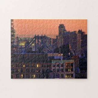 Union Square view of Manhattan Bridge, Pink Sky Jigsaw Puzzle