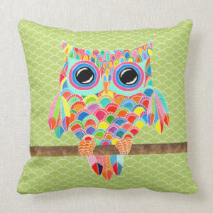 Unique Funky Modern Lime Green Owl Art Cushion Throw Pillow