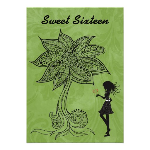 Unique Silhouette Girl Flower Sweet 16 Invite