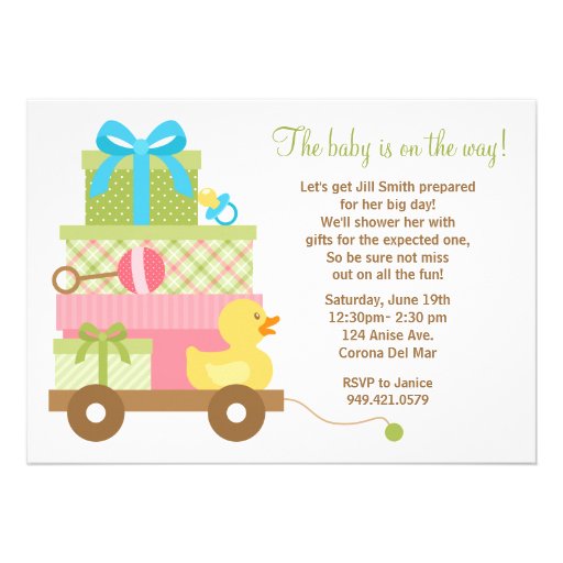 this cute baby shower invitation features pink blue and green baby ...