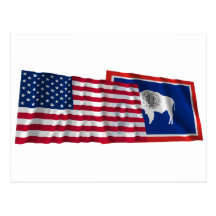 United States and Wyoming Waving Flags Post Cards