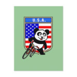 This cute cycling panda stands in front of a U.S. flag with his bike. This original design makes a perfect gift for American bicyclers or bicycling fanatics in the United States of America. Great for everyone who loves cute pandas and biking.