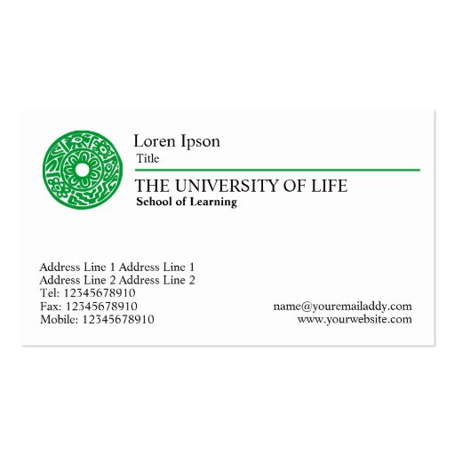 University of Life - Green Rule Business Card (front side)