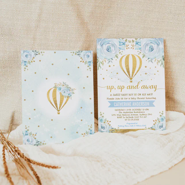 Up Up And Away Hot Air Balloon Boy Baby Shower Invitation Zazzle