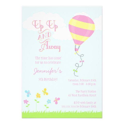 Up up and away hot air balloon girl birthday party custom invite