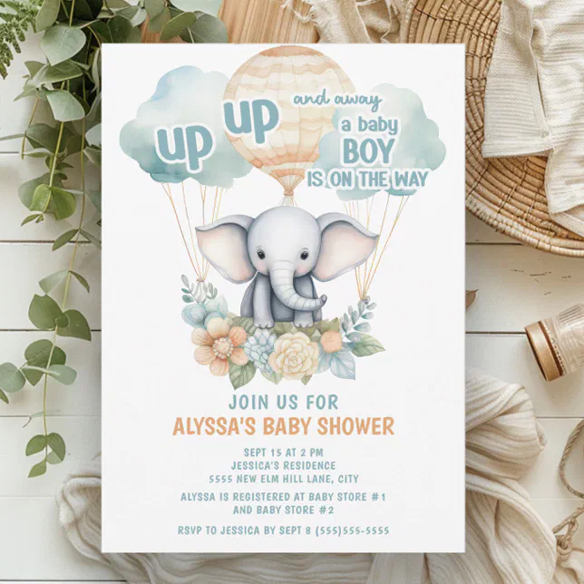 Up Up Away Elephant Hot Air Balloon Blue Boy Invitation Zazzle