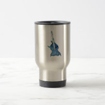 Upright bass, played by two hands, blue inversion coffee mug