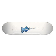 Upright bass, played by two hands, blue inversion custom skate board