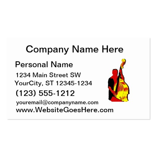 Upright Bass Player Image Design Red and Yellow Business Card Template (front side)