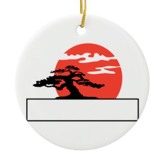 Upright bonsai against sun with box for text ornament