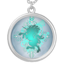 Urban Fantasy Teal Unicorn Diamond Necklace