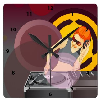 Urban Lady DJ Spinning Vinyl On Decks Retro Clock