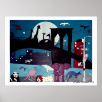 urban, animals, zoo, childrens-art, lion, monkey, polestarimages, night, moon, fun, acrylics, Poster with custom graphic design