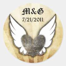 Urban Tattoo Winged Heart Wedding Date Seals Round Stickers