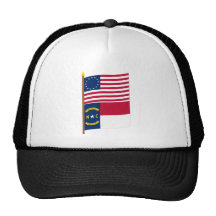 US 13-star flag on pole with North Carolina Mesh Hat
