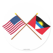 US and Antigua & Barbuda Crossed Flags Round Stickers