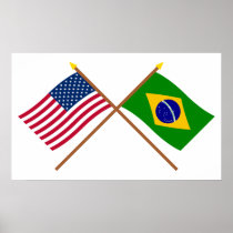 US and Brazil Crossed Flags Poster