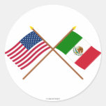 US and Mexico Crossed Flags Round Sticker