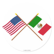 US and Mexico Crossed Flags Round Sticker